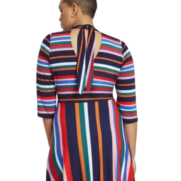 Eloquii Rainbow Striped Fit and Flare Dress Women's Size 18 Low Back Tie Neck - Picture 2 of 10